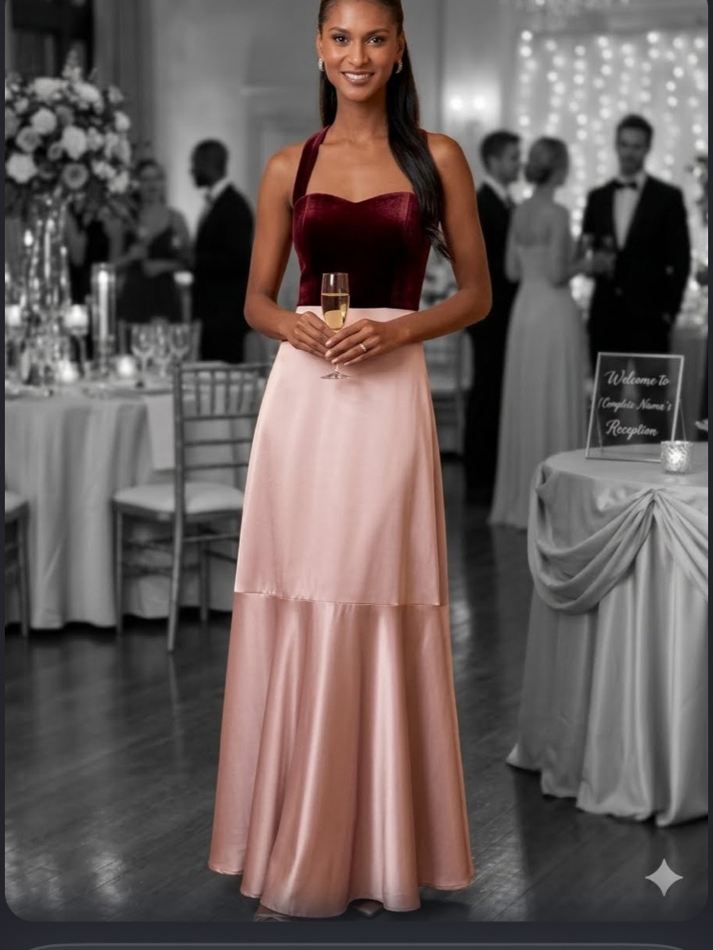 Lulu's Strapless Two-Tone Satin Gown in Wine and Blush - Picture 11 of 13